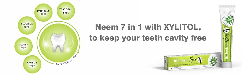 Toothpaste tube and box featuring Neem 7 in 1 with Xylitol. Green circular icons highlight product benefits for cavity-free teeth.