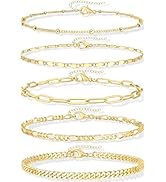 Gokeey Ankle Bracelets for Women Waterproof, 14k Gold Plated Jewelry Set Layered Cuban Figaro Lin...