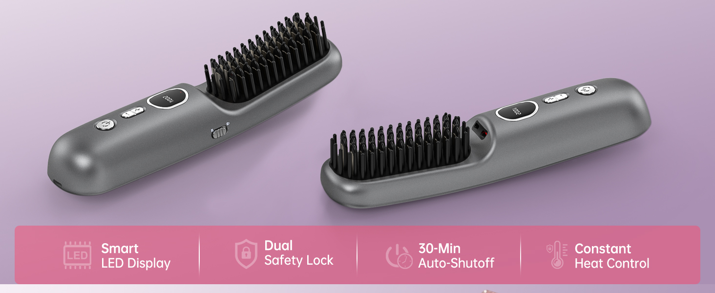 Cordless heated styling brush with LED display, safety lock, auto shutoff, and heat control.