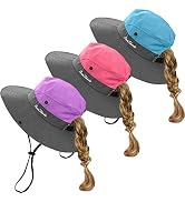 Kids Girls Ponytail Summer Sun Hat Wide Brim UV Protection Bucket Beach Cap…