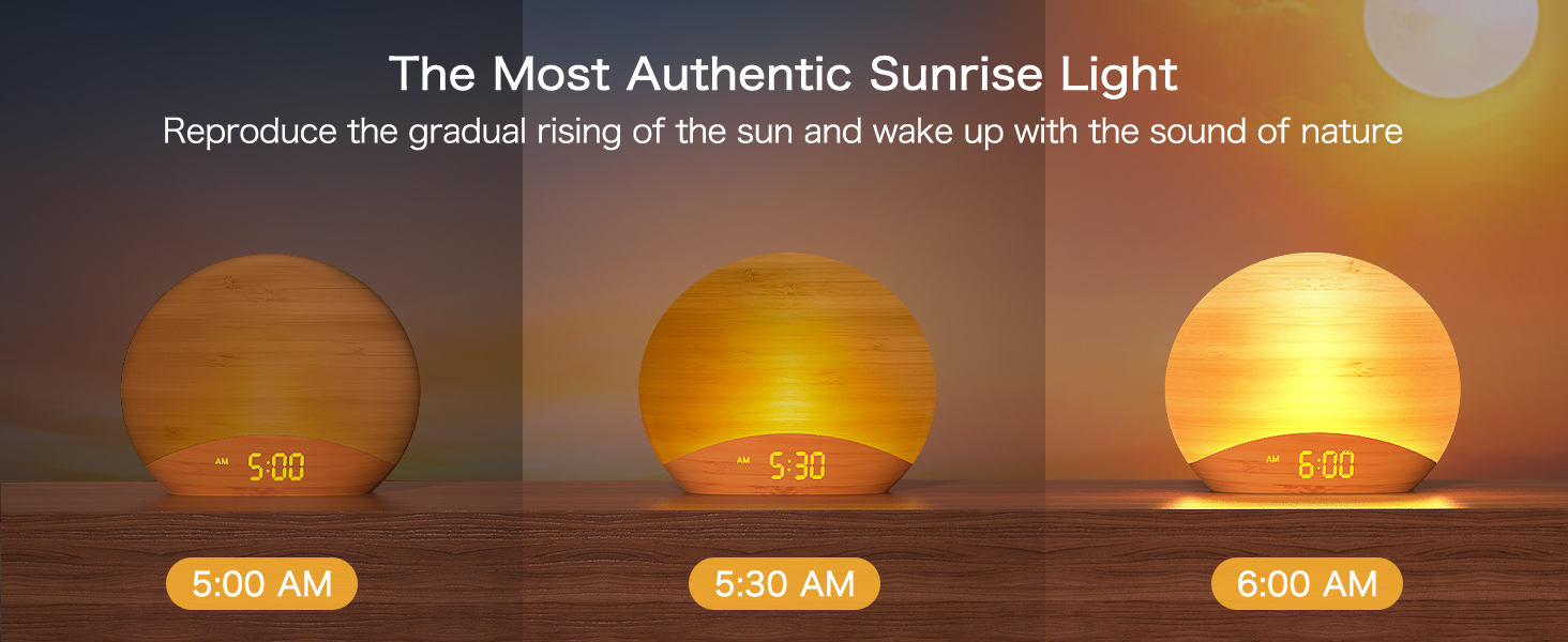 Reproduce the gradual rising of the sun and wake up with the sound of nature