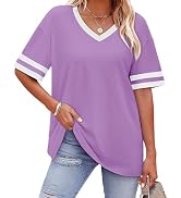 WIHOLL Womens T Shirts Loose Fit Short Sleeve Tees V Neck Color Block Summer Tops 2026 Fashion S-3XL