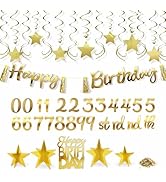 HonuGoGo Gold Birthday Decorations, 23ct Gold Party Decoration Kit with Customizable Age Banner, ...