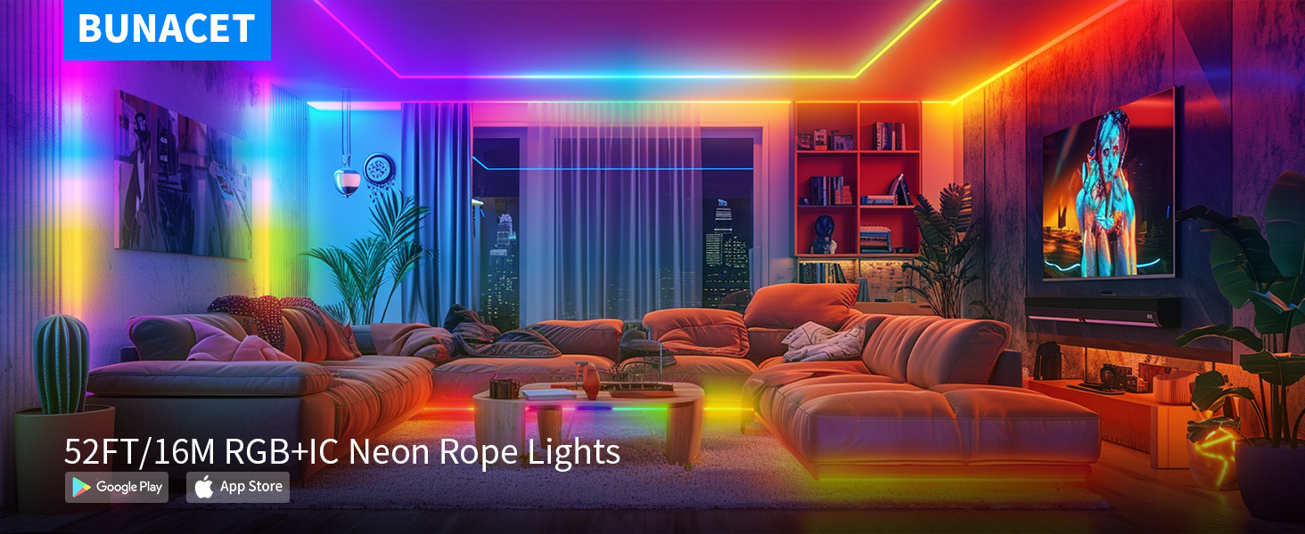 Colorful RGB+IC neon rope lights illuminate a living room, creating a vibrant ambiance. The 52FT/16M lights showcase various colors along walls and furniture.