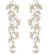 EVER FAITH Women's Austrian Crystal Simulated Pearl Bridal Leaf Dangle Earrings