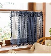 Sutuo Home Navy Blue Boho Curtains Valance 18 Inches Long for Kitchen Cafe, Sheer Lace Short Curt...