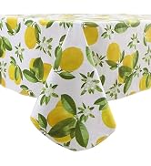 Jeloris Lemon Vinyl Tablecloth 48 Inch Round, Waterproof Oil Proof PVC, Yellow Floral Summer Tabl...