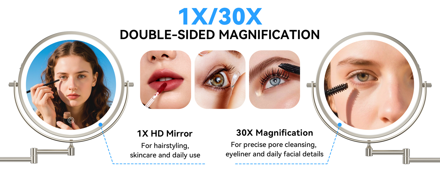 1X/30X double-sided miror for makeup, eyebrow tweezing & shaving