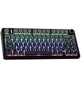 Compact mechanical keyboard with RGB backlit keys displaying rainbow gradient lighting effects. Features a tenkeyless layout in black casing with visible mechanical switches.