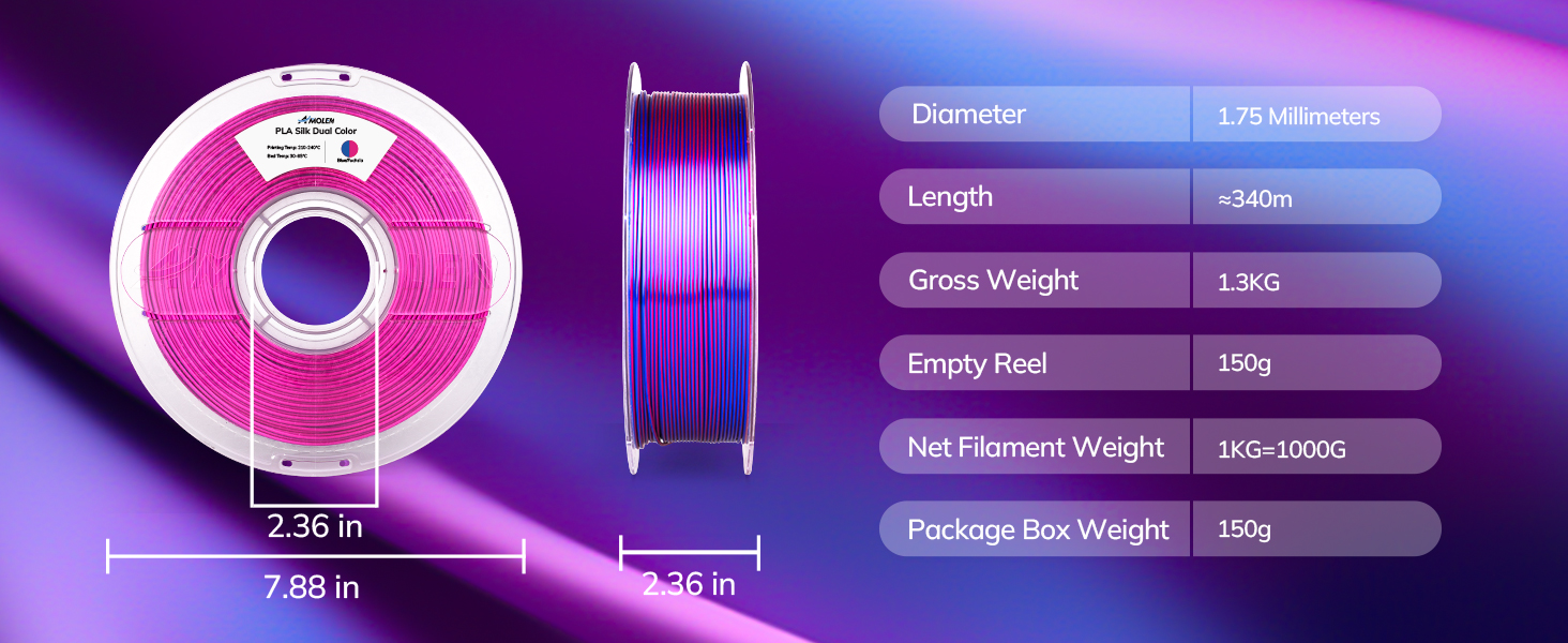 Silk PLA 3D Printer Filament, Multicolor 1.75mm PLA Shiny Gradient Filament