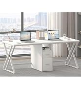 LVB Large 2 Person Desk, Modern White Computer Desk with File Cabinet, Extra Long Workstation Dou...