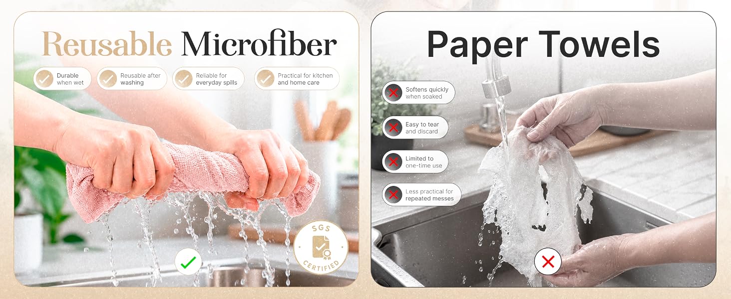 Reusable microfiber cleaning roll stays durable when wet, unlike disposable paper towels