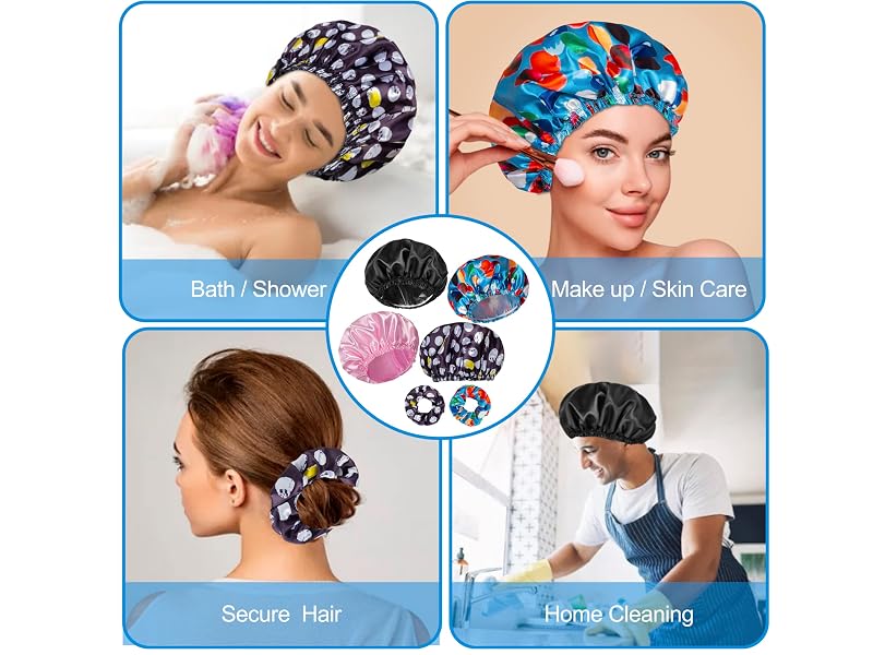 4 Waterproof Shower Caps + 2 Hair Scrunchies