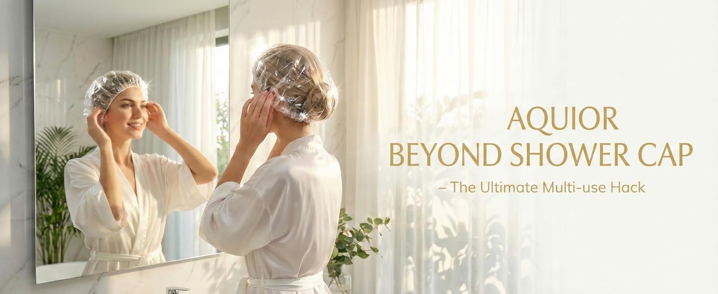 Luxury beauty consumer in spa bathroom wearing an Aquior disposable shower cap for multi-use hacks.