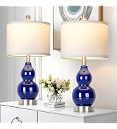22" Double Gourd Ceramic Table Lamps Set of 2, Navy Blue Modern Bedside Lamps for Living Room, Co...