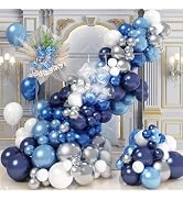 Blue White Silver Balloon Arch Kit, Navy Blue Silver White Balloon Garland with Metallic Dark Blu...