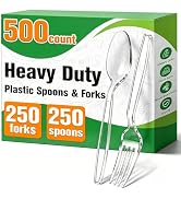 500 Count Plastic Silverware Heavy Duty,Clear Plastic Forks and Spoons, 250 PlasticSpoons & 250 F...