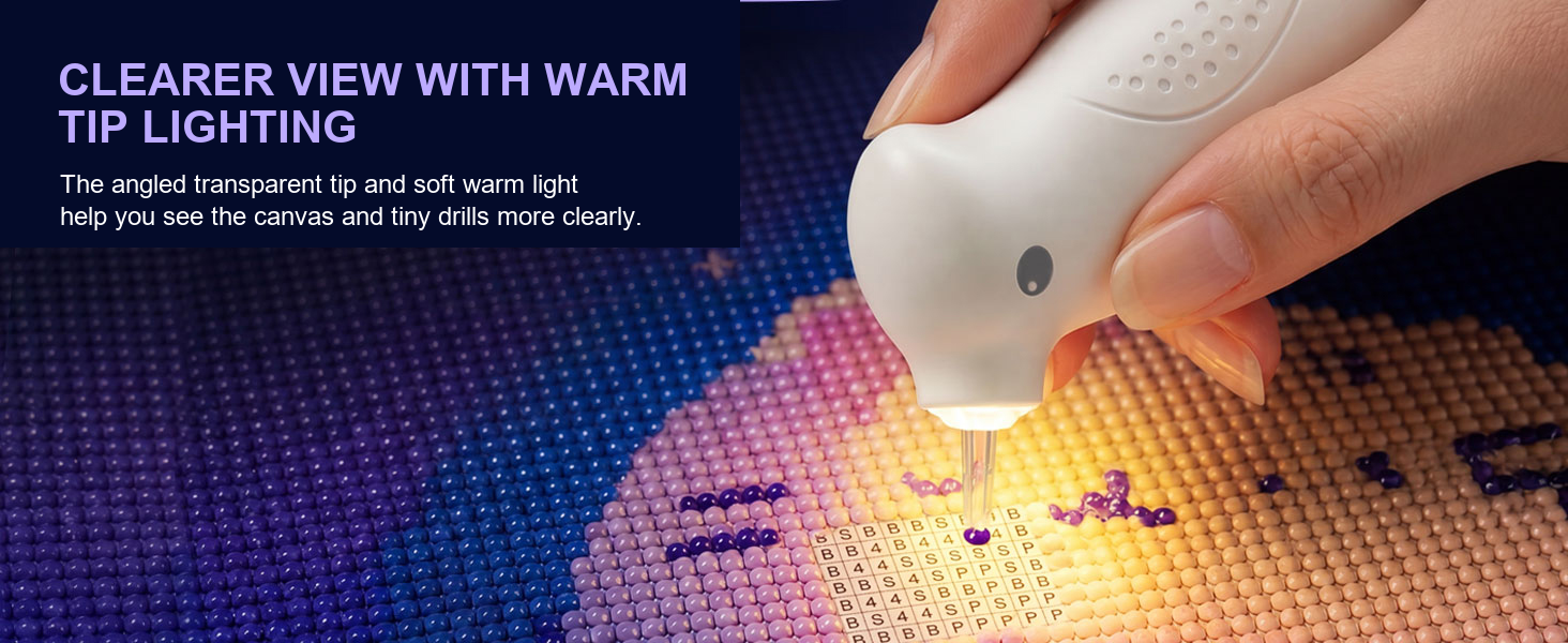 Ulverion diamond painting pen with warm tip light helps illuminate canvas symbols.