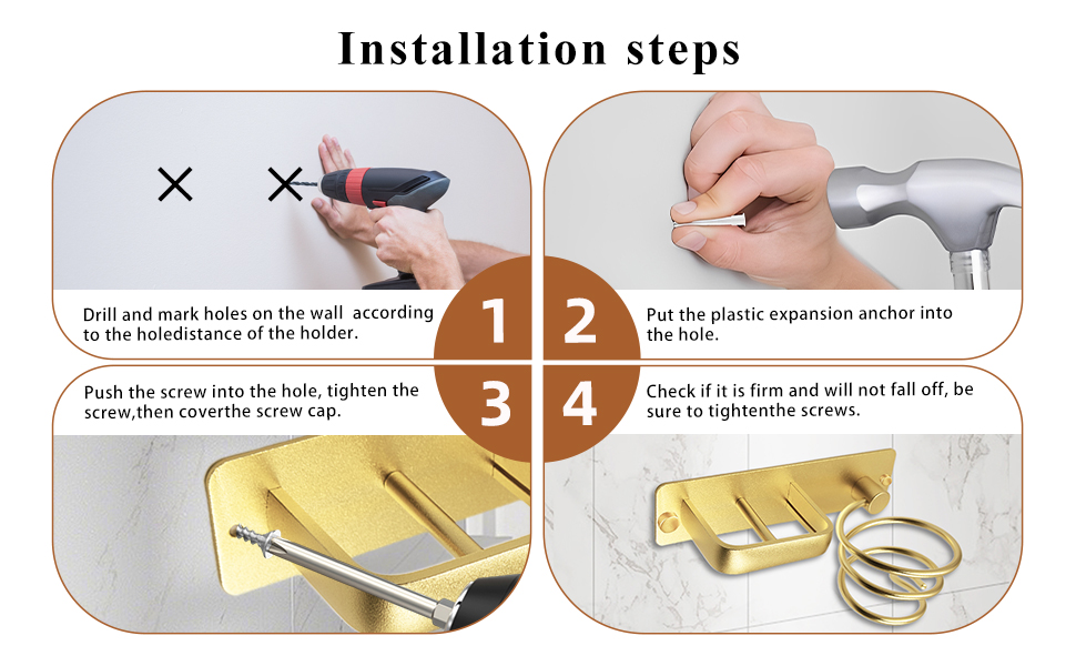 Text reads 'Installation steps'. Four-panel instruction guide showing drill bit installation and marking process on wall, numbered 1-4, demonstrating proper mounting technique.
