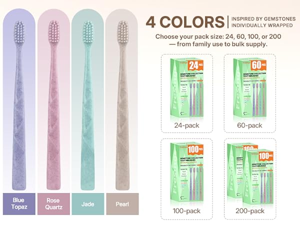 Four gemstone colors, individually wrapped toothbrushes in 24 60 100 or 200 pack sizes