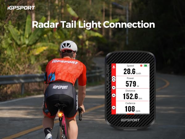 Cycling computer display showing radar tail light connection with digital readouts for speed and other metrics. IGPSPORT branding visible.