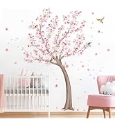 Cherry Blossom Tree Wall Decals Pink Flower Tree Wall Stickers Peel and Stick Spring Floral Birds...