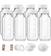 8 Pack 16 Oz Reusable Glass Milk Bottles w 100% Airtight Heavy Duty SCREW Lid & 2 Pour Spouts - G...