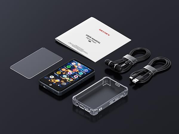 Product layout featuring a mobile phone, clear protective case, charging cables, and documentation on dark background. Components arranged in flat-lay style presentation.