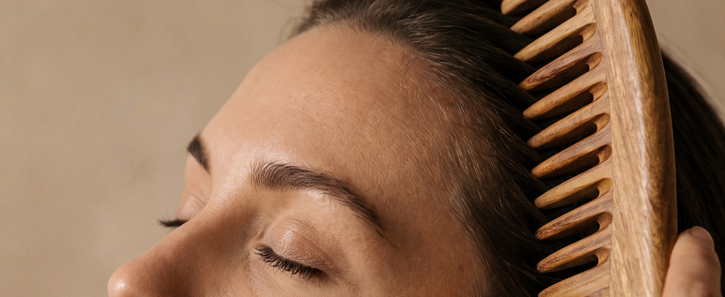 Natural wood wide-tooth comb gliding through hair for gentle daily detangling.