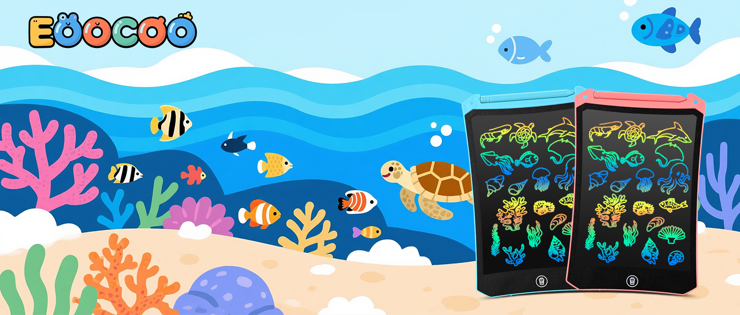 Digital illustration of an underwater scene with colorful fish and coral, showing tablet screens displaying glowing sea creatures.