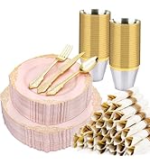 realluck 350 PCS Pink and Gold Plastic Plates, Plastic Dinnerware Set for 50 Guests, 100 Disposab...