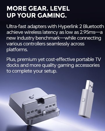 Text reads 'MORE GEAR. LEVEL UP YOUR GAMING. Ultra-fast adapters with HyperX 2.1k Bluetooth wireless with low latency as low as 2.3ms noise cancellation across various controllers seamlessly across platforms Plus premium anti-core effective portable TV gaming accessories connectivity technology.' Gaming headset displayed with blue lighting.