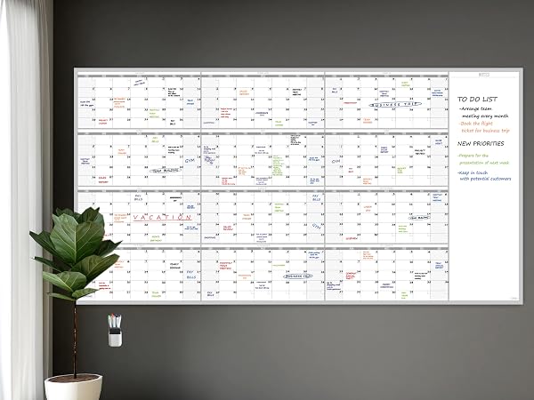 Large Reusable Dry Erase Yearly Wall Calendar - Jumbo Premium Laminated 12 month Task Organizer