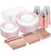 GATHER 350pcs Rose Gold Plastic Plates - Disposable Rose Gold Dinnerware Includes 100 Clear Rose ...