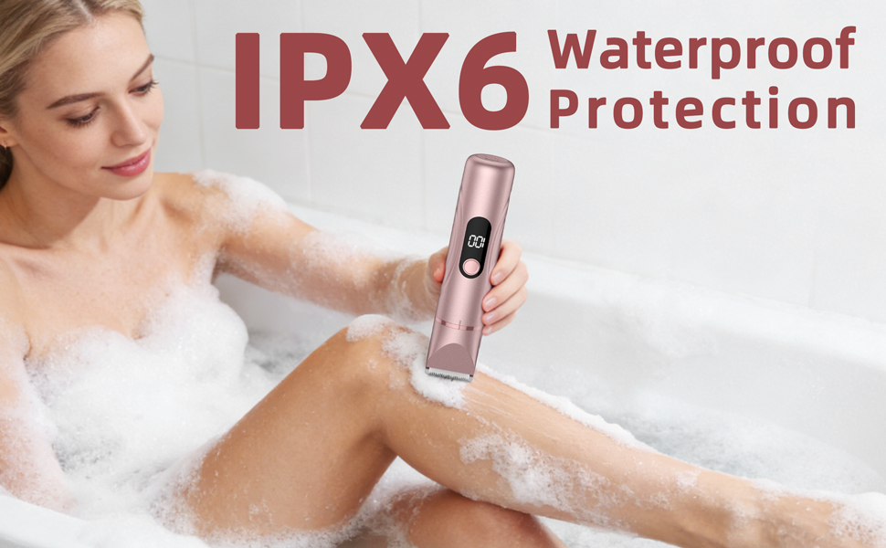 Text reads 'IPX6 Waterproof Protection'. Advertisement shows device being used in water environment demonstrating waterproof capabilities.
