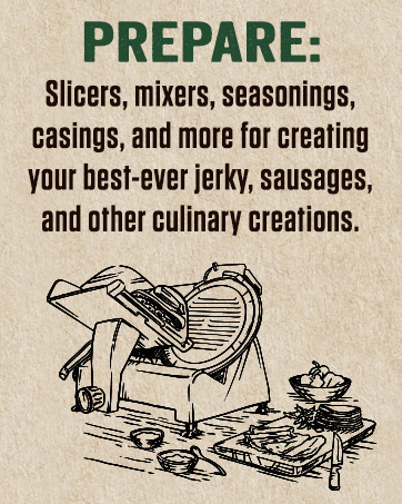 Prepare food messaging with LEM meat slicer graphic and food prep shown