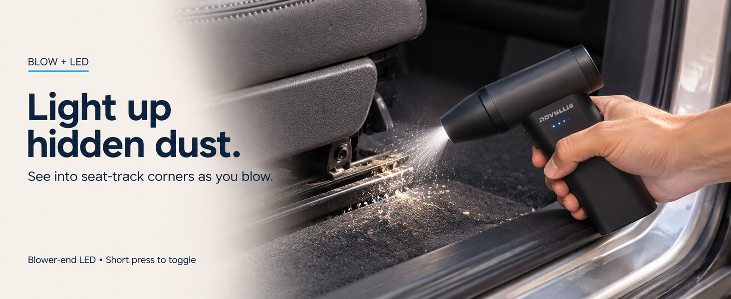 Electric air duster with LED light illuminating and blowing dust from car seat tracks