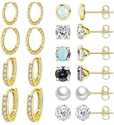 Nunpag 10 Pairs Stainless Steel Stud Earrings Colorful CZ Stud Earrings 20G Stud Earings 8mm 10mm...