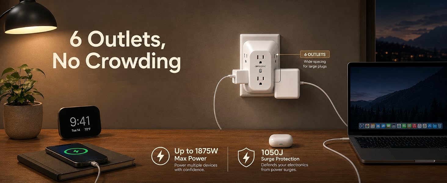 2 Prong to 3 Prong Outlet Adapter, Multi Plug Outlet Extender, 1875W