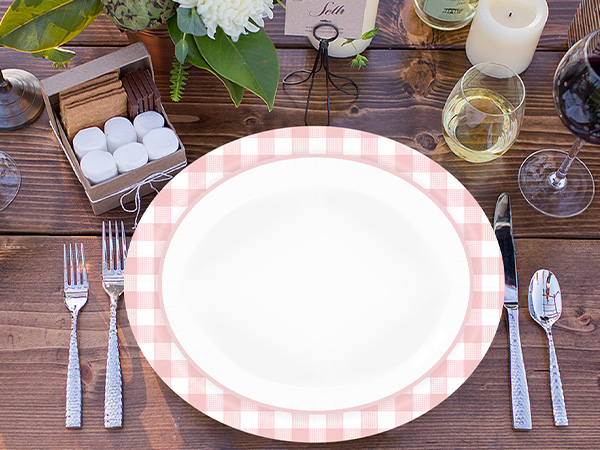 pink and white gingham oval paper plates disposable dinner plates wedding birthday party plates