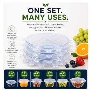 ABABIL reusable silicone stretch lids in six sizes for bowls, cups, jars and food containers.