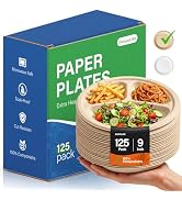 Compostable Heavy Duty Plates: 9 Inch 125 Pack 3 Compartment Disposable Paper Plate - 100% Natura...