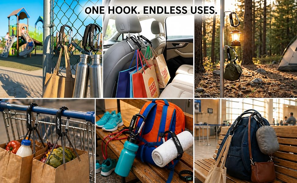 Hujom hooks used in multiple real-life scenarios playground, car seat, camping, shopping cart