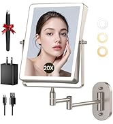 Wall Mounted Lighted Makeup Mirror, 1X/20X Magnifying 5000mAh Rechargeable Make Up Mirror with 3 ...