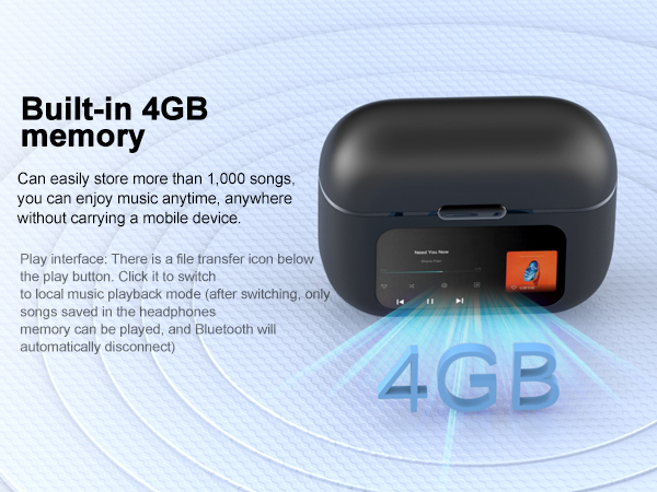 Black wireless earbuds case with 4GB built-in memory.
