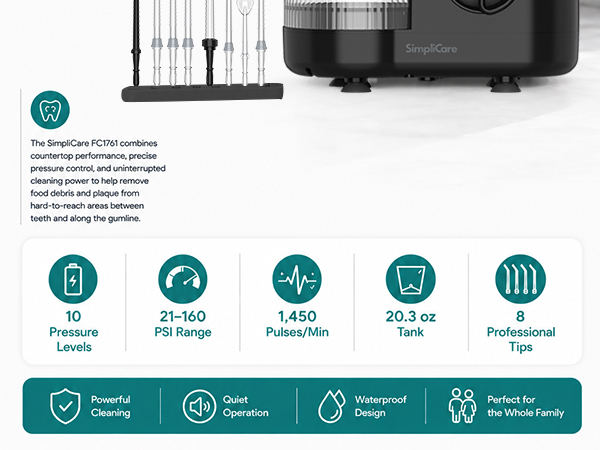 SimpliCare FC1761 countertop water flosser with 10 pressure levels, 600ml tank and 8 tips.