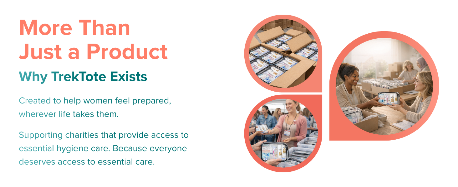 TrekTote mission graphic showing bulk hygiene kits and women distributing care packages.