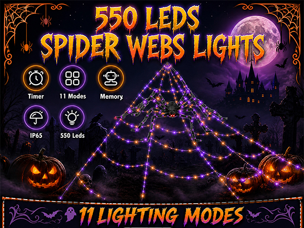 Halloween Decorations Outdoor Spider Web Lights with Glowing Spider