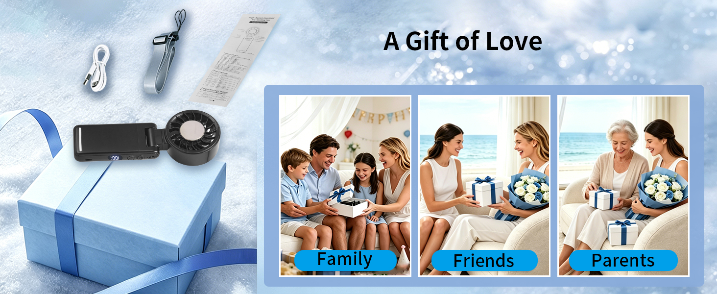 Text reads "A Gift of Love". Gift box with photo frame, key, and three product packaging images showing people in blue outfits.