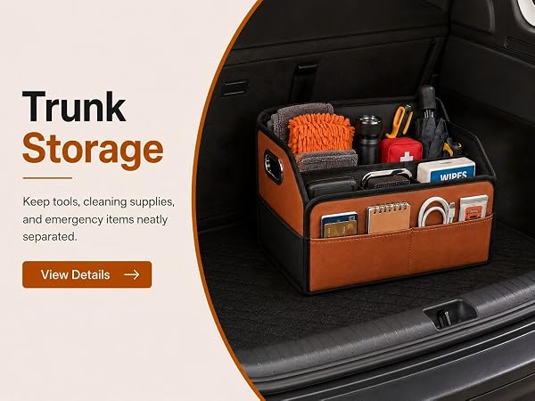 SUV trunk organizer box for emergency kit, cleaning supplies, cargo storage, and road trip gear.